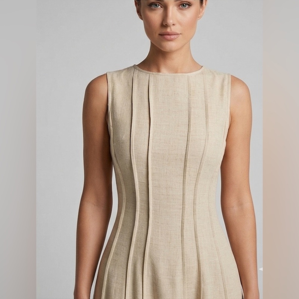 Split Pleated Waist A-Line Dress Beige - Picture 2 of 9